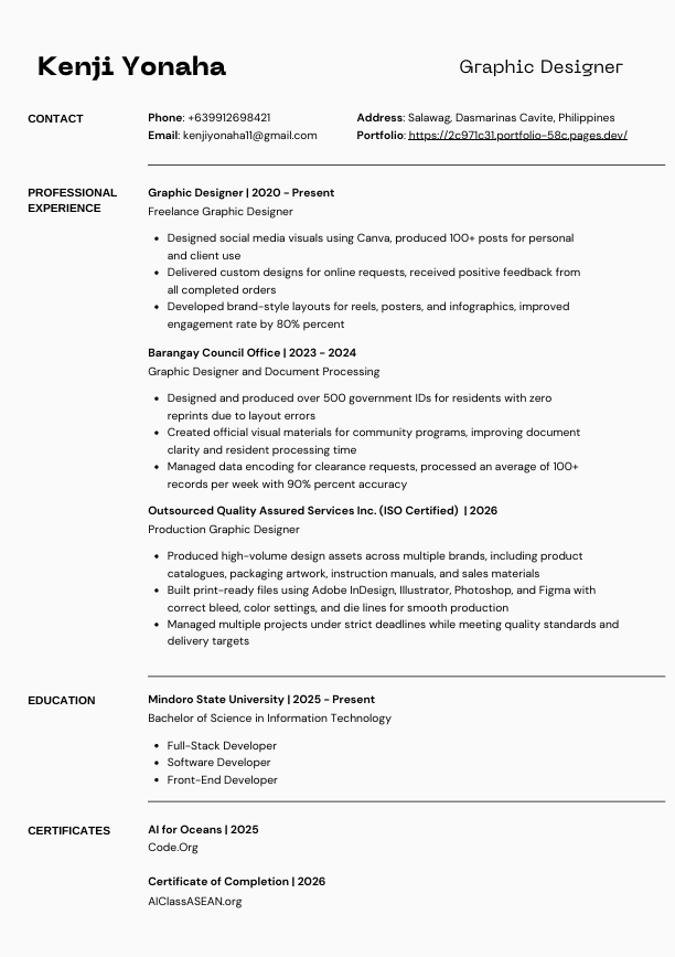 Kenji Yonaha resume page 1 preview